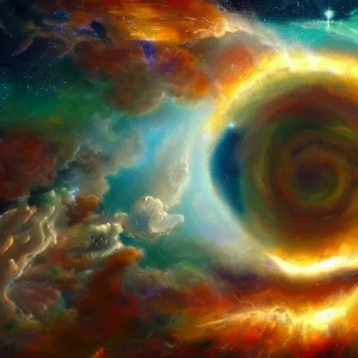 Prompt: painting of a space time portal, surreal, beautiful clouds