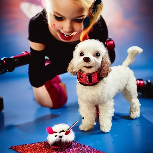 Prompt: harley quinn aiming down glitter gun with toy cavoodle dog by her side