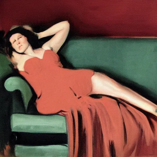 Prompt: an initimate portrait of Brooke Sheilds laying on a couch by the artist John Sargent