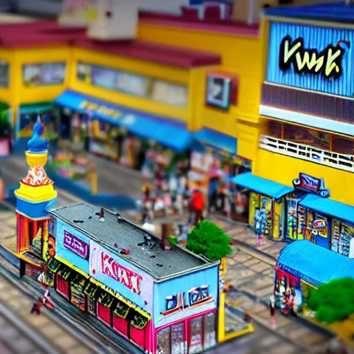 Prompt: diorama of Kwik-E-Mart, tilt-shift photography, highly detailed
