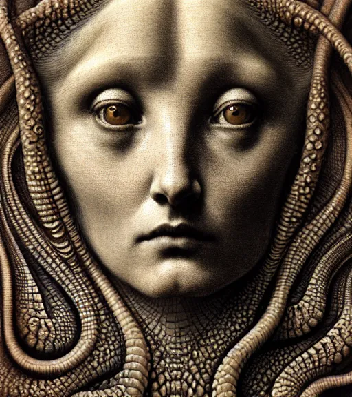 Prompt: detailed realistic beautiful fossil goddess face portrait by jean delville, gustave dore, iris van herpen and marco mazzoni, art forms of nature by ernst haeckel, art nouveau, symbolist, visionary, gothic, neo - gothic, pre - raphaelite, fractal lace, intricate alien botanicals, biodiversity, surreality, hyperdetailed ultrasharp octane render