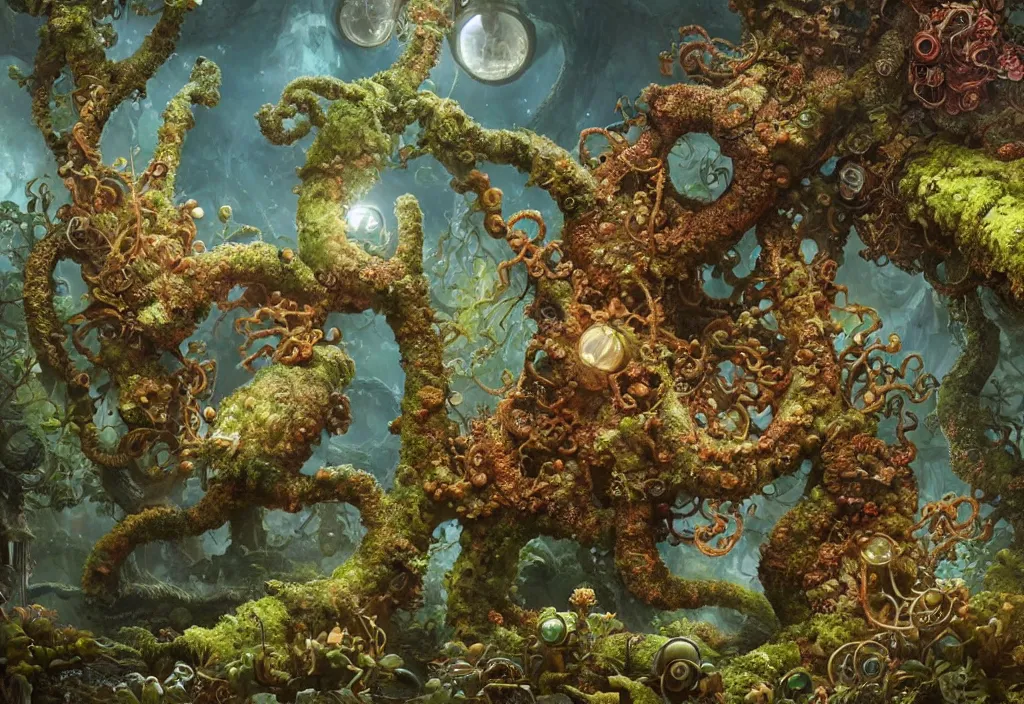 Image similar to illustrationand highly detailed render of a strange moss fungus and coral creature, lovecraftian, steampunk, biological, milky way environment, ultra realistic, concept art, intricate details, cheerful, highly detailed, photorealistic, octane render, 8 k, unreal engine. art by hr guger and artgerm and greg rutkowski and alphonse mucha