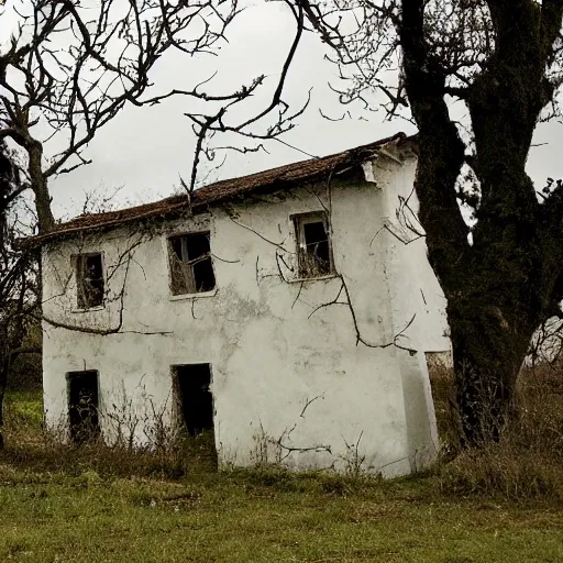 Prompt: a decaying georgian farmhouse. outside by an apple tree. a white dress hangs from a branch. folk horror