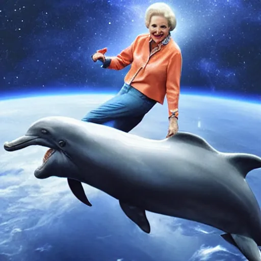 Image similar to betty white riding a saddled dolphin in space, 2 0 2 1 weta digital, cinematic vfx