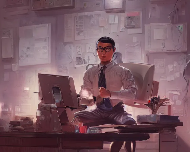 Image similar to an insanely detailed painting of a nerdy asian man wearing a superhero costume, sitting at a desk, staring at the nervously at the computer and typing, in the style of peter mohrbacher, dramatic lighting and composition, octane render, pixar, trending on artstation, concept art, comic book, view from behind