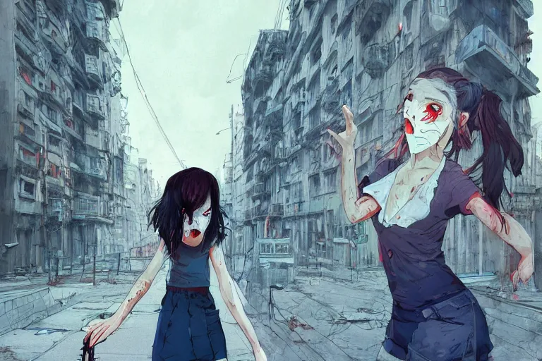 Image similar to urban school zombie girl in tattered clothes with a city street of Buenos aires in the background, dark blue long hair, muted colors, matte print, pastel colors, ornate, digital art, cute smile, digital painting, fan art, elegant, pixiv, by Ilya Kuvshinov, by Studio Ghibli