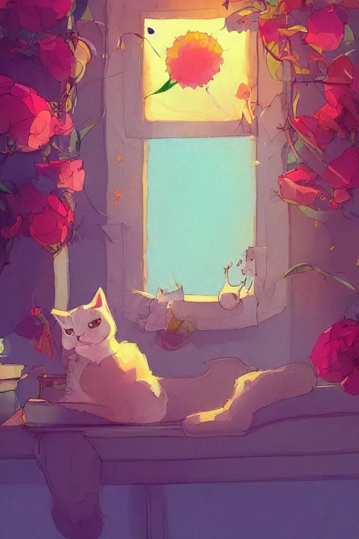 Image similar to a digital art of a cat sleeping in the room with flowers around in the afternoon, the sun shines in, storybook art, watercolor, detailed, cute, by anton fadeev, featured on artstation