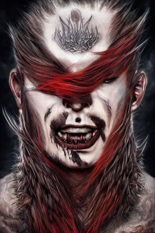 Image similar to male fantasy character, fiery red hair loops around face and head, black tattoos around both eyes, tribal crazy look, hyper realism, highly detailed, fantasy, biological, wide fov, lunar background