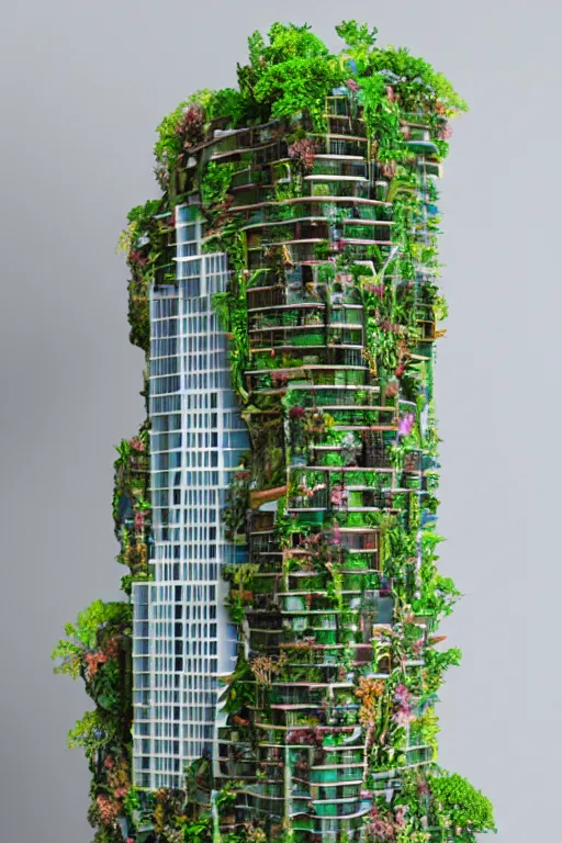 Image similar to 3 d printed physical model organic flowy including more than one city into one vertical building model that sits on a table in a room with a view back, multiple stories, transparent, with vegetation, colorful, eye - level view, 8 0 k, octane render, highly detailed 3 d render,