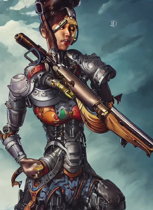 Image similar to 8K, realistic Lady Mechanika in a Comic Book cover, holding a shotgun, and wearing by Artgerm and Katsuhiro Otomo, trending on artstation, featured in Deviantart, Wallpaper, sharp focus, D&D, detailed, intricate, cinematic lighting,