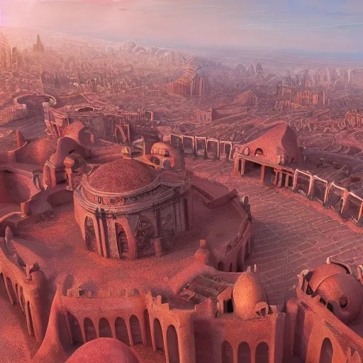 Image similar to Sprawling view of detailed fantasy city with greek architecture and intricate walls surrounded by a red desert; trending on artstation