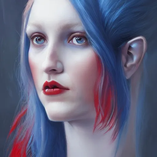 Image similar to A detailed matte oil on canvas head on symmetrical portrait of a distinguished elven woman with red and blue hair on an empty background, by Charlie bowater, Lise Deharme, Wlop, trending on artstationhd, dungeons and dragons art, parted hair , half blue, half red , split dye, critical role