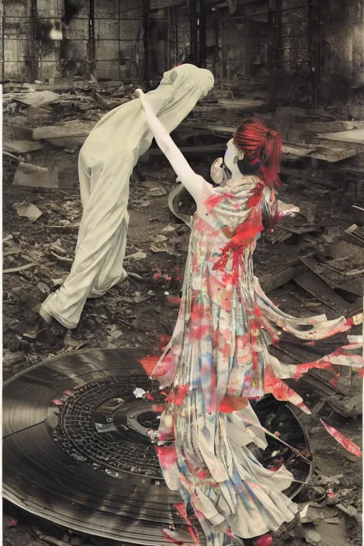 Image similar to A young woman dancing with her grandfather in front of a gramophone inside the ruined remained of a hospital, by Adrian Ghenie and Gerhard Richter part by Takato Yamamoto. 8k masterpiece, hyper detailed, sharp focus, Soft light 4K,