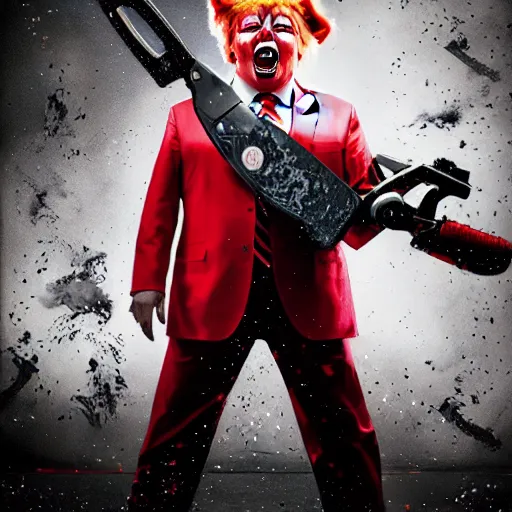 Image similar to portrait of donald trump as a clown, laughing and holding a chainsaw in gears of war, splash art, movie still, cinematic lighting, ray tracing, octane render, long lens, shallow depth of field, bokeh, anamorphic lens flare, 8 k, hyper detailed, 3 5 mm film grain