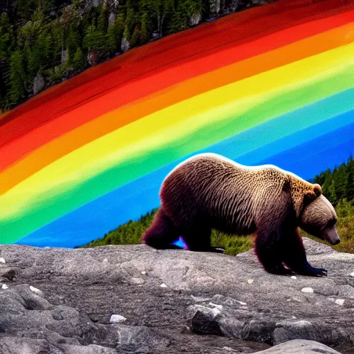 Prompt: 8k photography from a rainbow grizzly bear