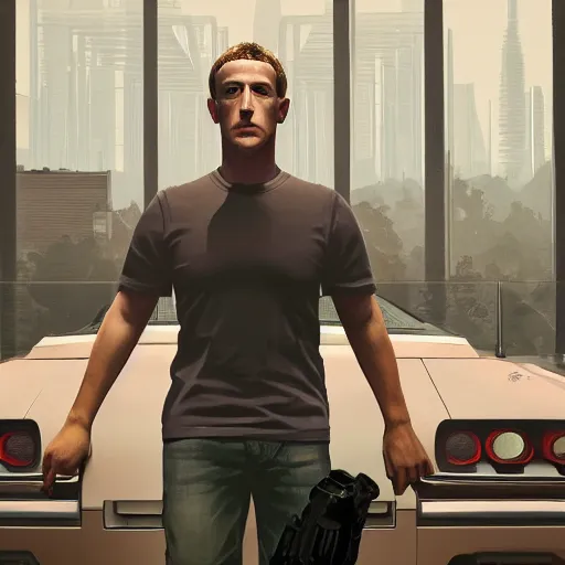 Image similar to imposing, ominous portrait of Mark Zuckerberg as a grand theft auto 5 loading screen, symmetry, front view, intricate, studio, art by anthony macbain + greg rutkowski + alphonse mucha, concept art, 4k, sharp focus