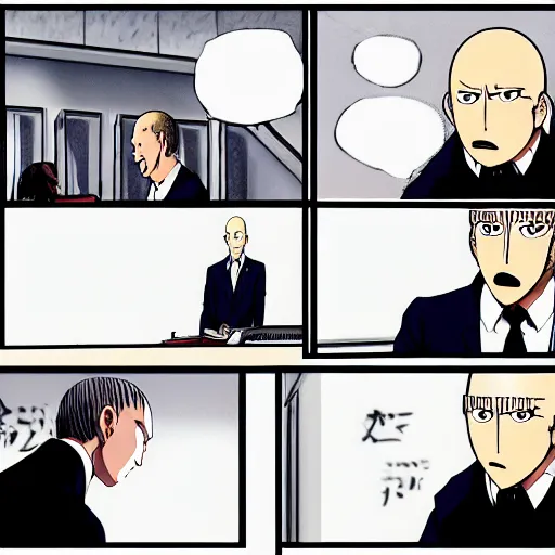 Prompt: one punch man scene of saul goodman defending saitama in court