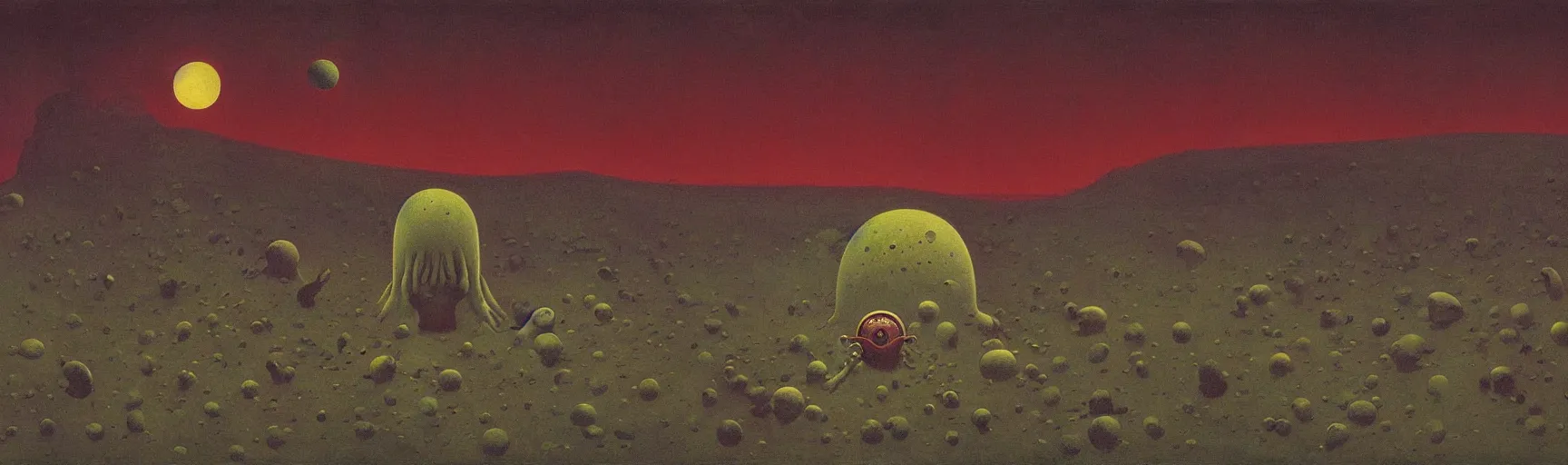 Prompt: horrible monsters and alien war on the moon landscape, Edward Hopper and James Gilleard, Zdzislaw Beksinski, Mark Ryden, Wolfgang Lettl highly detailed, hints of Yayoi Kasuma, Odilon Redon. Drexler