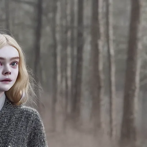 Image similar to A masterpiece head and shoulders portrait of Elle Fanning in Raised by Wolves