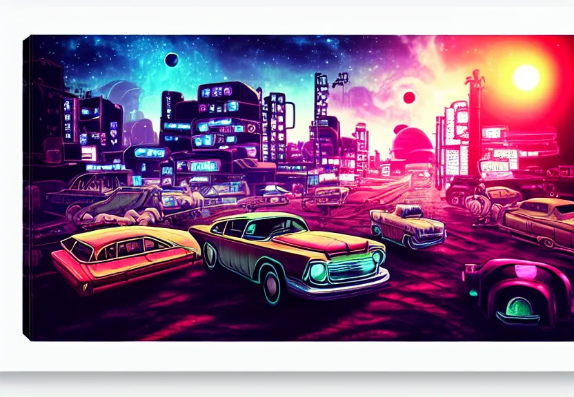 Image similar to old cars go along road away in neo - tokyo, sinthwave, steampunk, neon, magic colorful sky, magic lights, magic stars, magic sunset, big bright planet saturn in sky, realism, ultra detailed, 1 9 6 0 years, 8 k