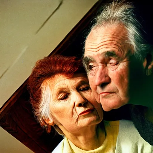 Image similar to a medium shot, colored studio photographic portrait of a old couple, dramatic, from below light, kodachrome camera, kodachrome, 1 9 9 9 photo from life magazine, editorial fashion photography