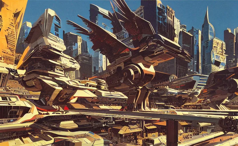 Image similar to cybernetic city overrun by gigantic robot birds, art by syd mead, extremely detailed, high quality,