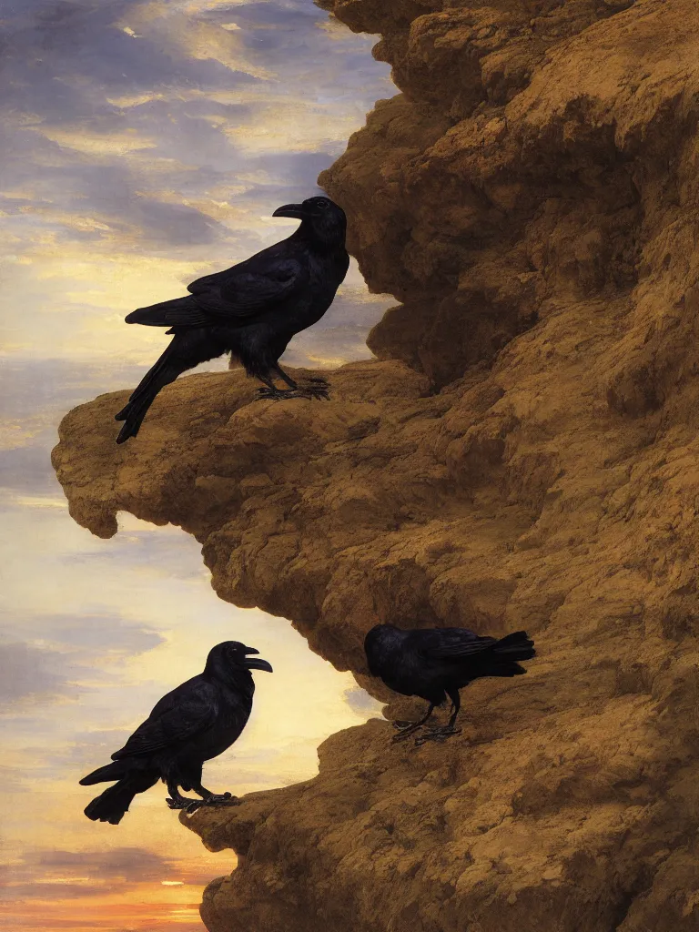 Image similar to a breathtakingly stunningly beautifully highly detailed close up portrait of a raven under a rock arch, epic coves crashing waves plants, beautiful clear harmonious composition, dynamically shot, wonderful strikingly beautiful serene sunset, detailed organic textures, by frederic leighton and rosetti and turner and eugene von guerard, 4 k