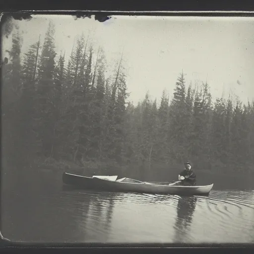 Image similar to hunter sitting in a canoe on the river, deep in the wilderness early in the misty morning in late winter or early spring, boreal forest, 19th century, tintype