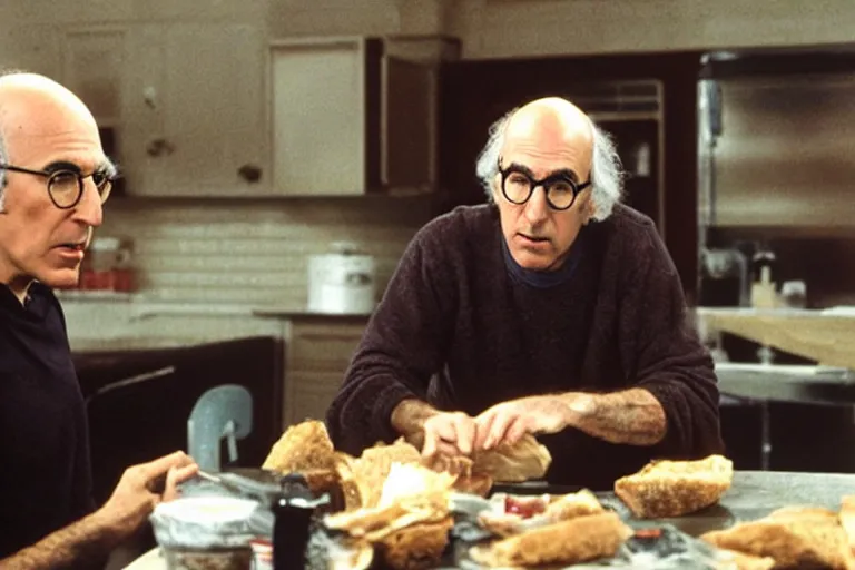 Image similar to larry david eating a sandwich, horror film still, dark atmosphere