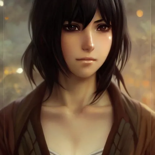 Image similar to mikasa ackerman, bokeh, beautiful face!!!!, 2 7 years old, cg animation, lifelike, animated, realistic, character select portrait, by artgerm, greg rutkowski, alphonse mucha, 3 d