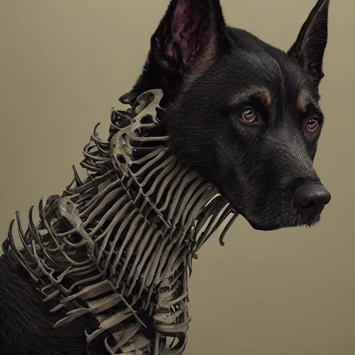 Image similar to belgian malinois, skeleton. intricate artwork. by Tooth Wu, wlop, beeple, dan mumford. octane render, trending on artstation, greg rutkowski, very coherent symmetrical artwork. cinematic, hyper realism, high detail, octane render, 8k, iridescent accents, deep blacks