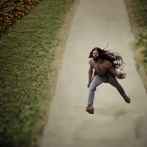 Image similar to Jesus Christ with super long hair running ,beautiful composition and shot