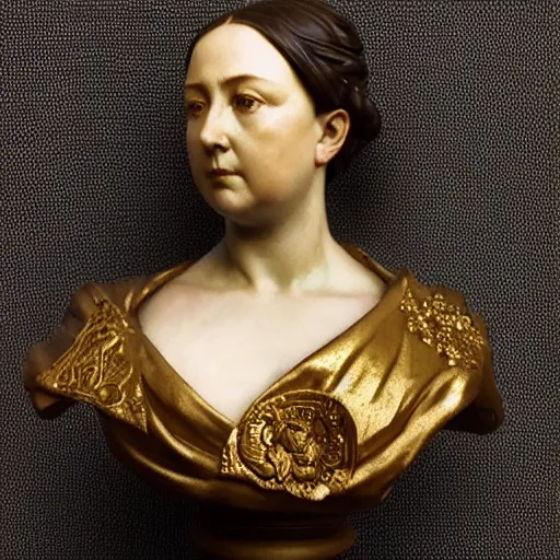 Image similar to beautiful lifelike award winning marble statue bust of queen victoria trending on art station artgerm greg rutkowski alphonse mucha museum quality cinematic atmospheric