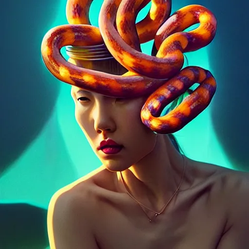 Image similar to medusa with hotdogs instead of snakes. intricate abstract. intricate artwork. by tooth wu, wlop, beeple, dan mumford. trending on artstation, greg rutkowski very coherent symmetrical artwork. cinematic, hyper realism, high detail, octane render, 8 k, iridescent accents
