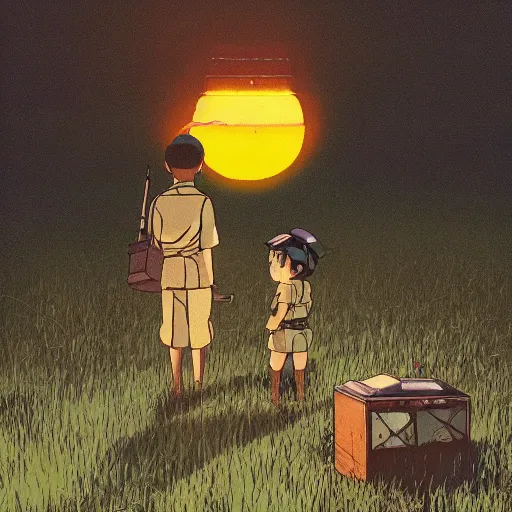 Image similar to Film still from Grave of the Fireflies (1988), evening, Studio Ghibli, Artstation