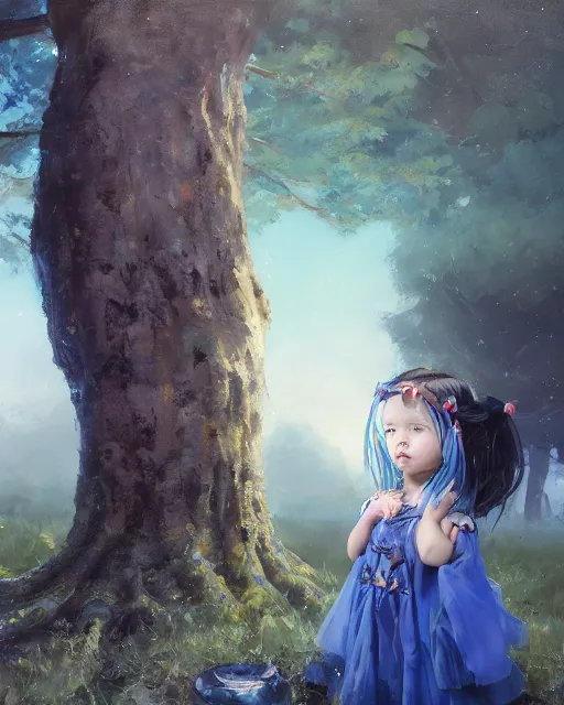 Image similar to a highly detailed oil painting of A little girl, in professional makeup, with medium length blue hair covering an eye, and a tall tree, and large obsidian crystals, cinematic lighting, dramatic atmosphere, by Dustin Nguyen, Akihiko Yoshida, Greg Tocchini, Greg Rutkowski, Cliff Chiang, 4k resolution, trending on artstation