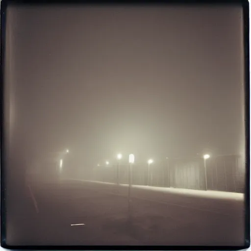 Prompt: a towering concrete wall thay reaches into the sky with small street lamps in front of it, foggy, night, dark, old polaroid, expired film, megalophobia,