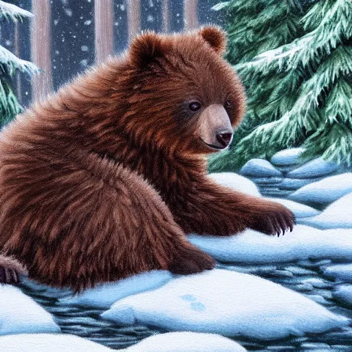 Prompt: cute fluffy baby bear cub sitting in snowy winter river landscape detailed painting 4k