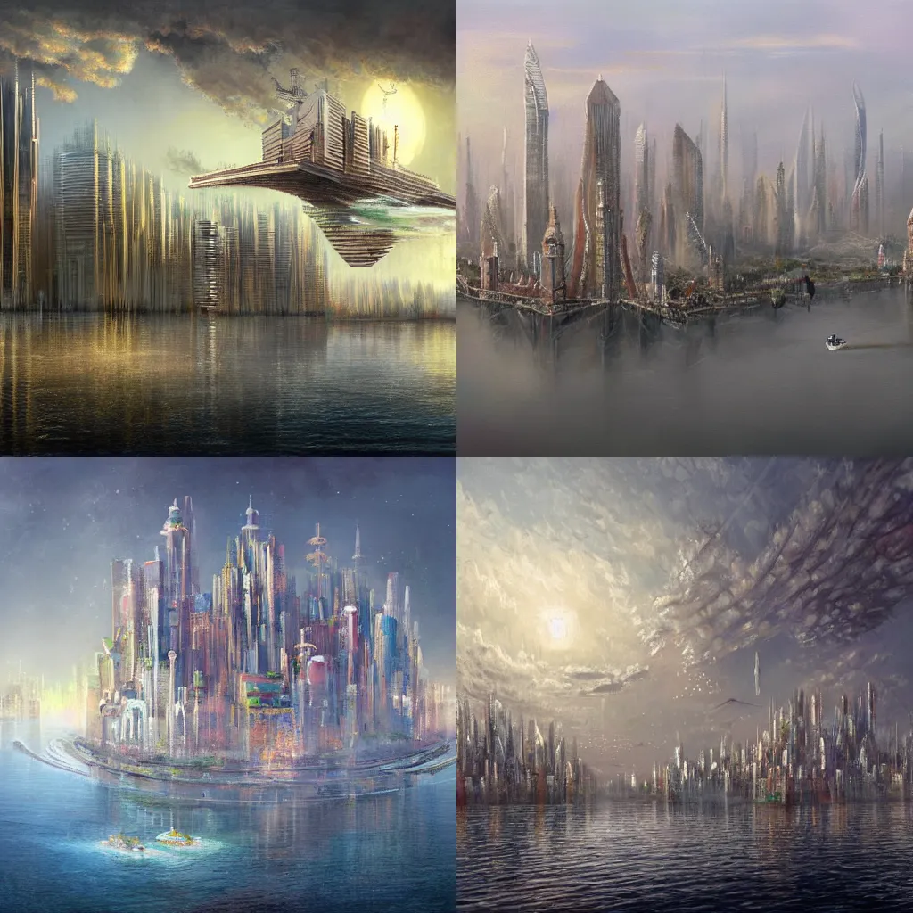 Prompt: a floating city drawn by paul chadeisson.