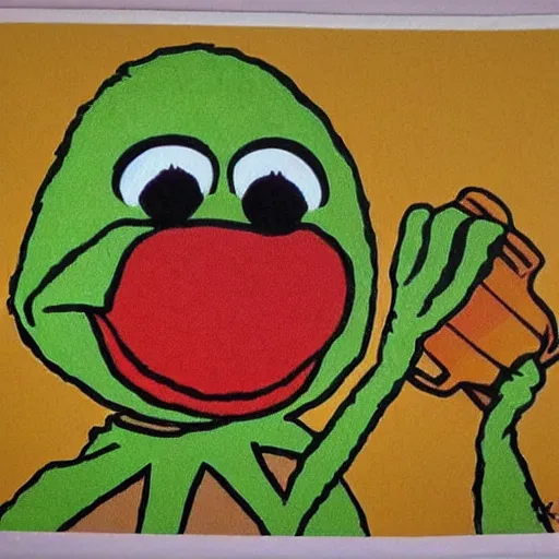 Prompt: kermit the frog running for soda in the style of muppets by jim hansen
