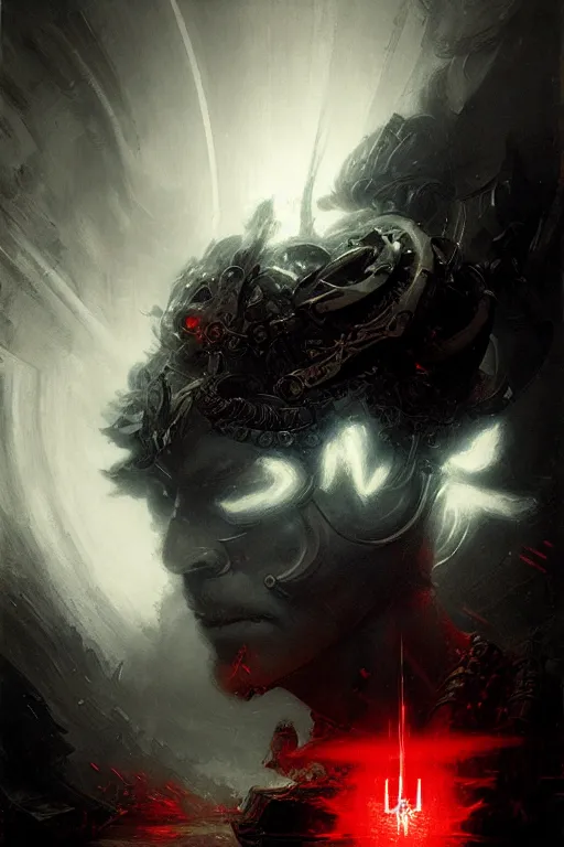 Prompt: inverse dark glowing power aura, intricate glowing brain, human brain, dark runes, dark inverted spells, half image black and white and red, dnd, painting by gaston bussiere, craig mullins, greg rutkowski, yoji shinkawa