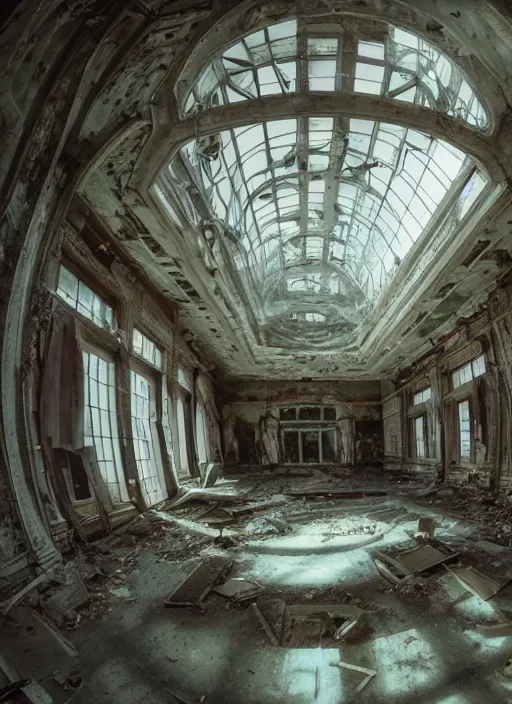 Image similar to fisheye view interior of a abandoned school with ghots flying around, mysticism, art style by kim jung gi karl marx greg rutkowski ghibli, au naturel, hyper detailed, digital art, trending in artstation, cinematic lighting, studio quality, smooth render, unreal engine 5 rendered, octane rendered