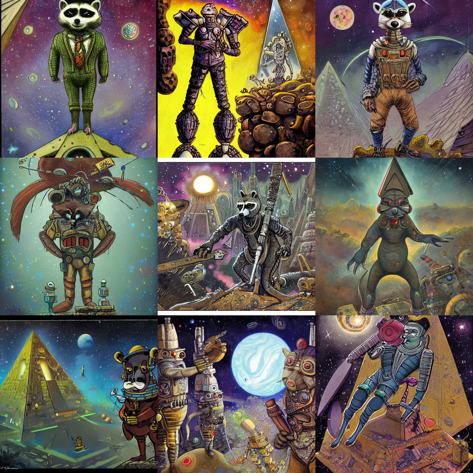 Prompt: a detailed fineart illustration of a racoon extraterrestrial wearing decopunk armor pyramids and galaxies background by george grosz and dave gibbons, j. j. grandville in the style of dark fantasy, award - winning art, artstationhd