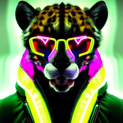 Image similar to a beautiful commission portrait of a male anthro cheetah wearing a neon jacket,futuristic,detailed face,mohawk,cyberpunk city,deviantart,artstation,art by greg rutkowski,ross tran,professional lighting,neon city,night,raytracing,highly realistic,4k,dramatic,hyperrealism