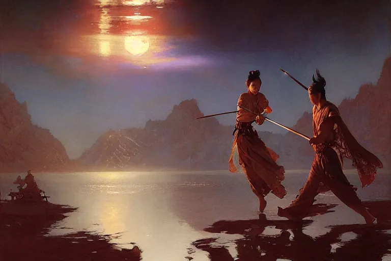 Image similar to wuxia, moon, river, night, painting by gaston bussiere, craig mullins, j. c. leyendecker