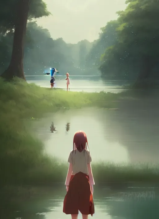 Prompt: girl near the lake, rainy, touching a long neck monster, illustration concept art anime key visual trending pixiv fanbox by wlop and greg rutkowski and makoto shinkai and studio ghibli