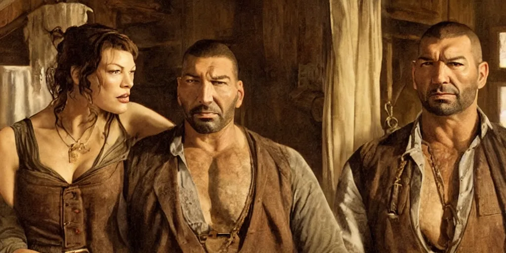 Prompt: oil painting of Mila Jovovich and Dave Bautista in the old west in a cabin on the prairie