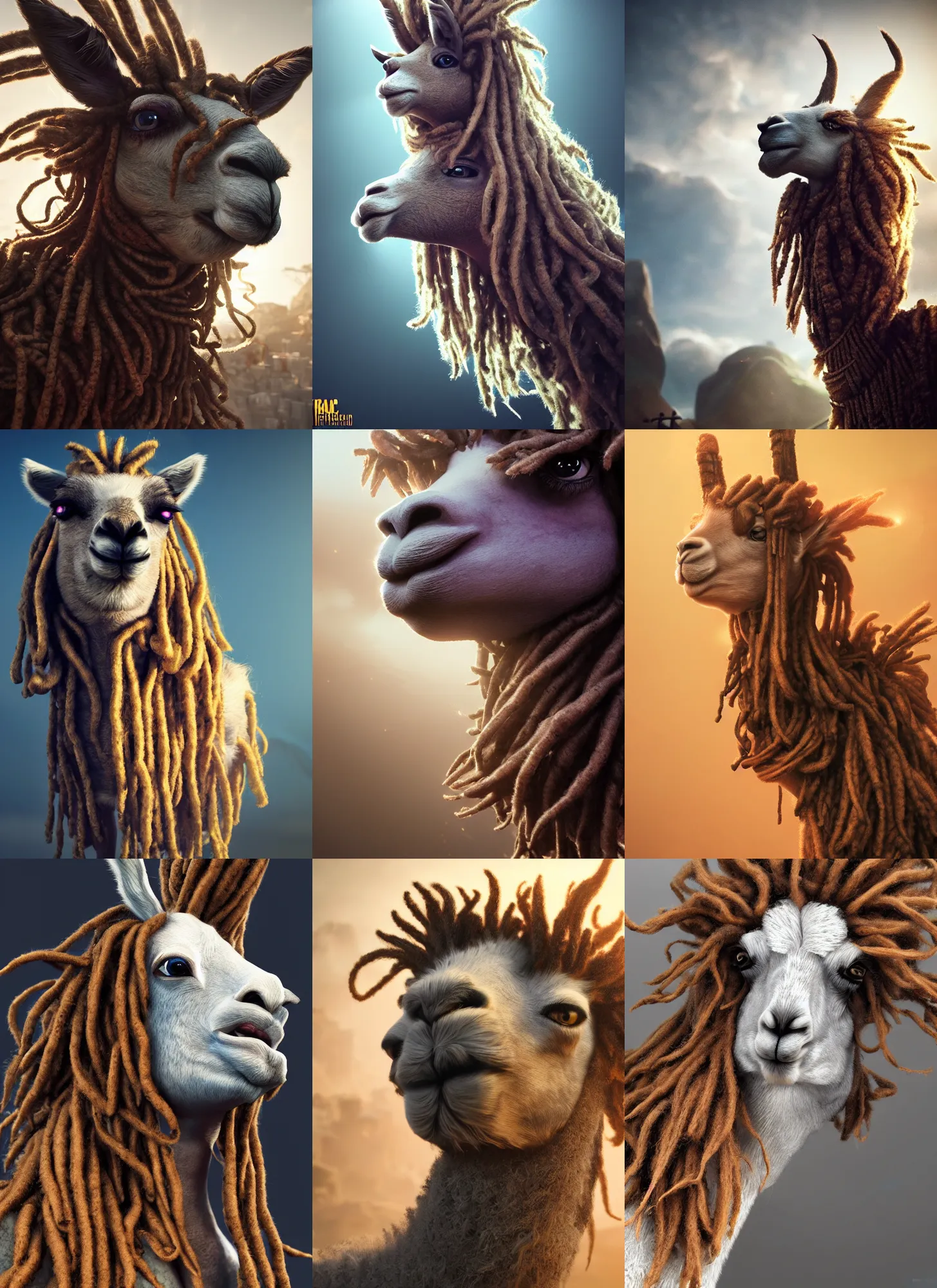 Prompt: llama with dreadlocks, intricate detail, volumetric lighting, epic composition, hyper detailed, ultra realistic, sharp focus, octane render, volumetric, ray tracing, artstation trending, cgsociety, sense of awe, 4 k