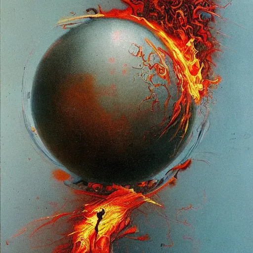 Image similar to a sphere being devoured by abstract splatters of paint in the style of francis bacon, venus being engulfed in flames in the style of james jean, surreal, beksinski, high detailed