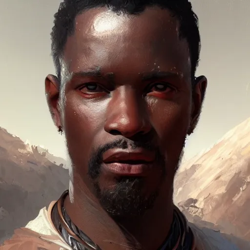 Prompt: A portrait of the slave king of africa, in the style of in the style of Greg Rutkowski, heavenly bright light, style of Charles Sillem Lidderdale, artstation